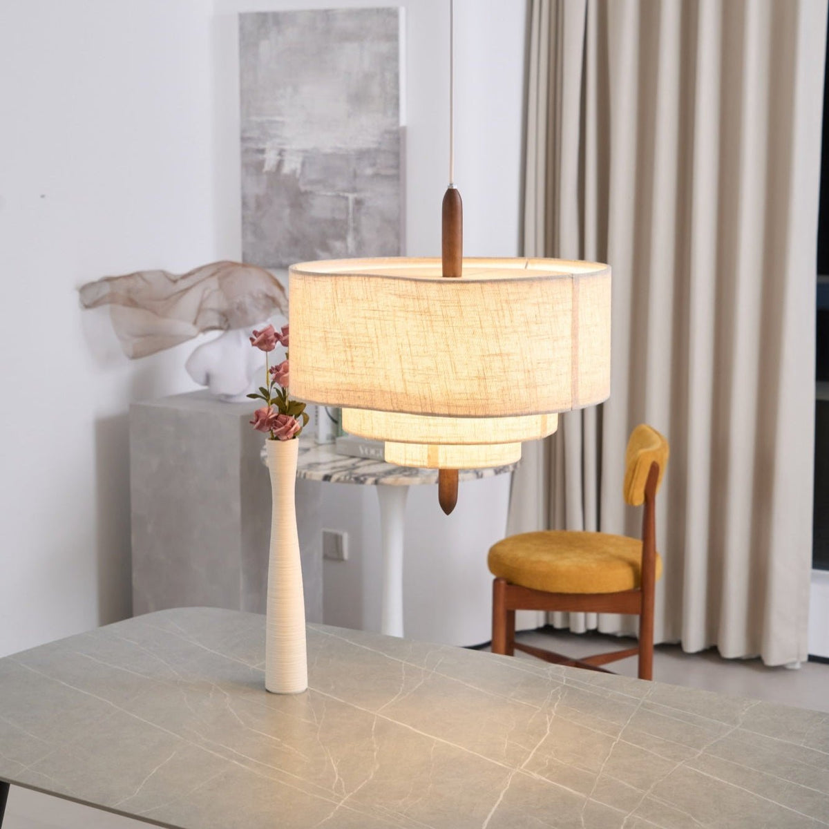 Salemu Elegance Wave Ladder Pendelleuchte aus Holz und Stoff