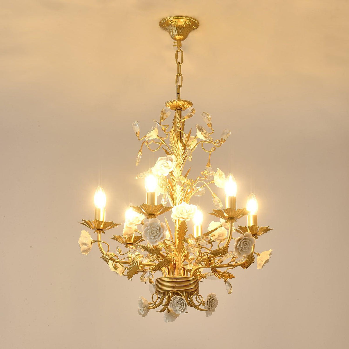 Kronleuchter Ornate Metallrahmen Porzellanrosen Kristall Klassisch Luxus