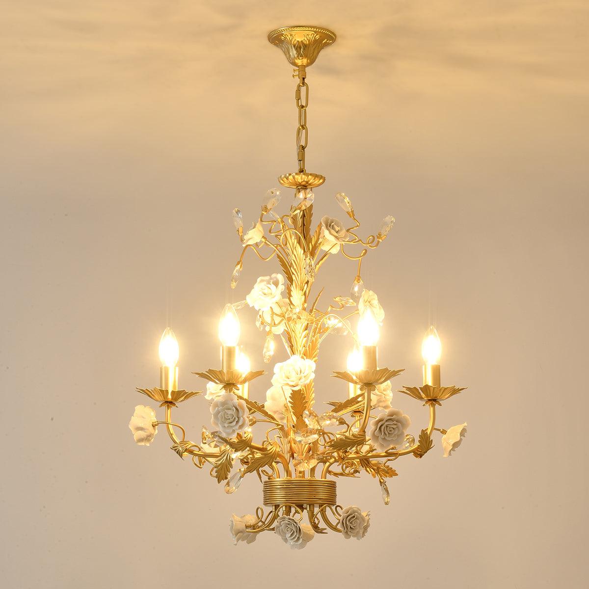 Kronleuchter Ornate Metallrahmen Porzellanrosen Kristall Klassisch Luxus