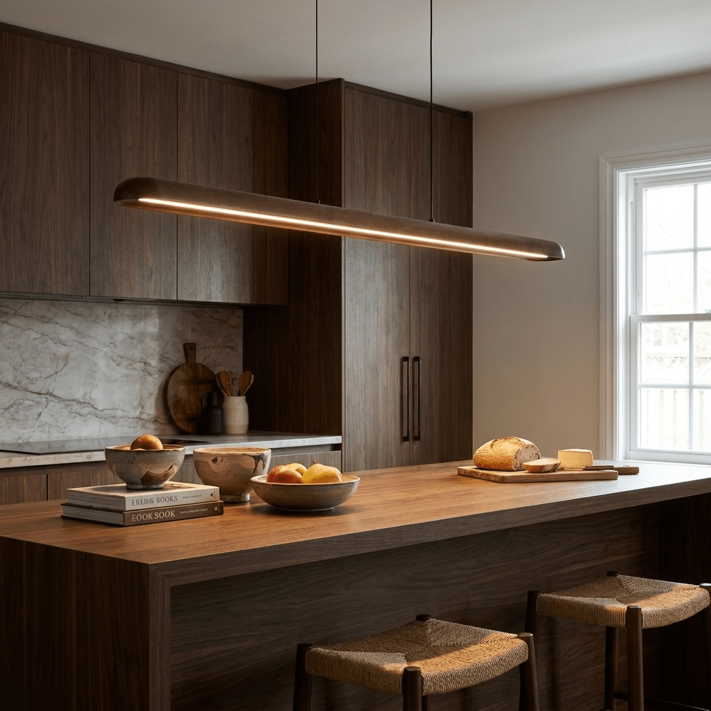 Wide lineare Pendelleuchte aus Holz in Holz