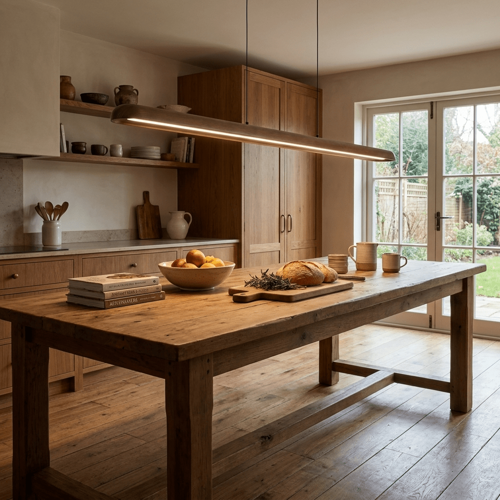Wide lineare Pendelleuchte aus Holz in Holz