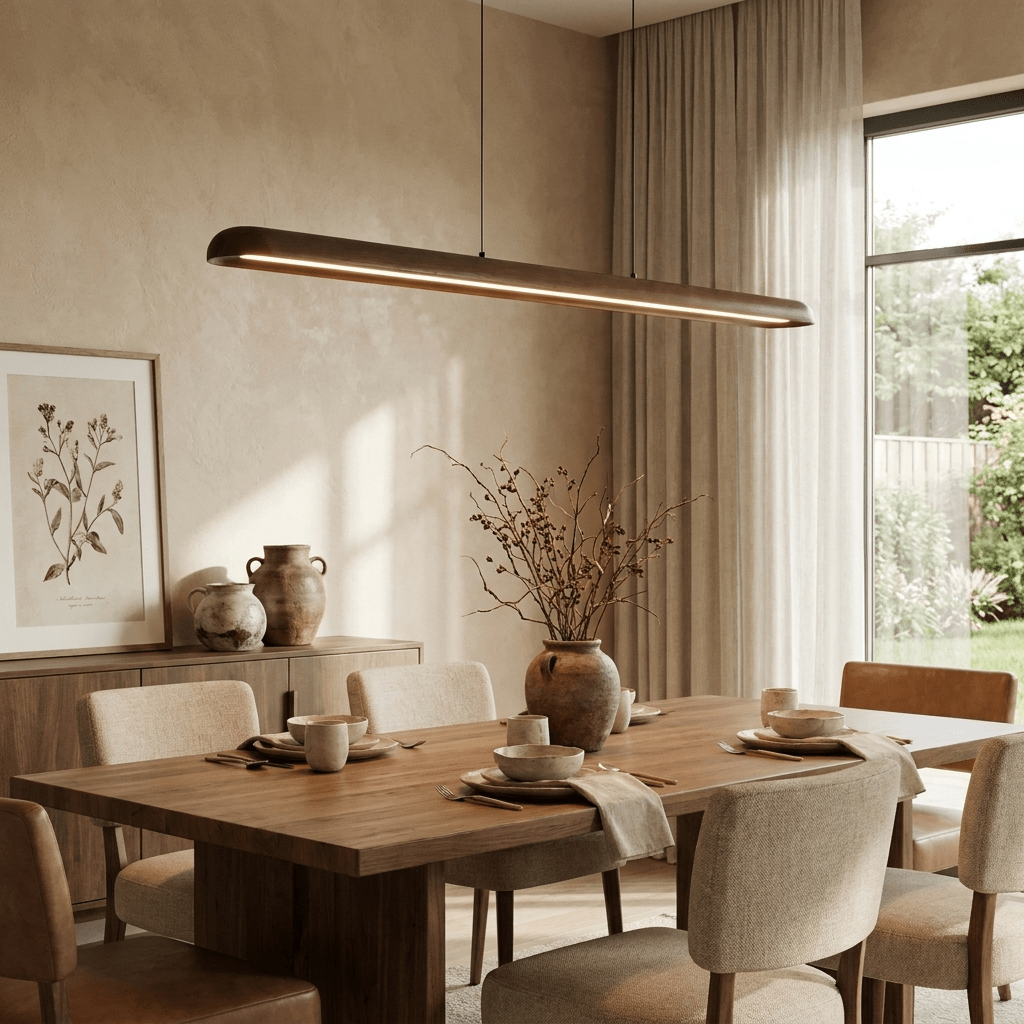 Wide lineare Pendelleuchte aus Holz in Holz