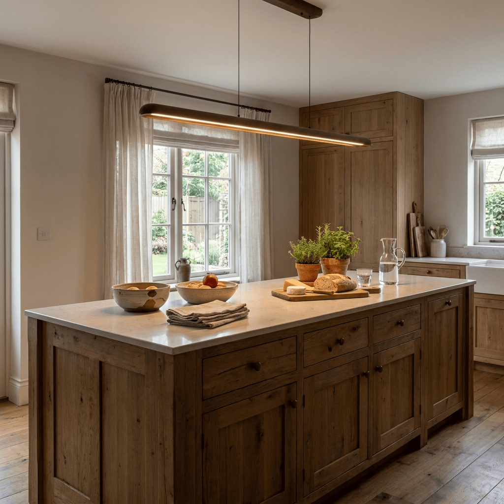 Wide lineare Pendelleuchte aus Holz in Holz
