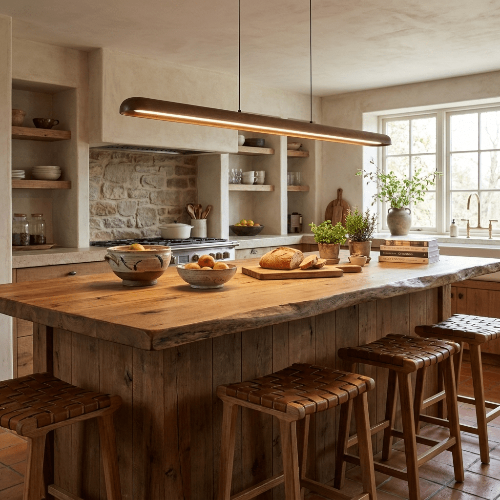 Wide lineare Pendelleuchte aus Holz in Holz
