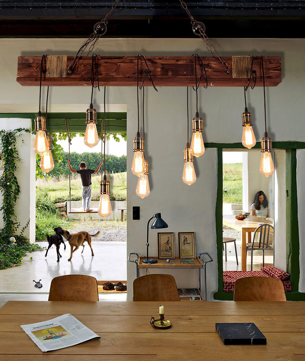 Wexb Kronleuchter Holzträger Edison-Glühbirne rustikaler Landhausstil