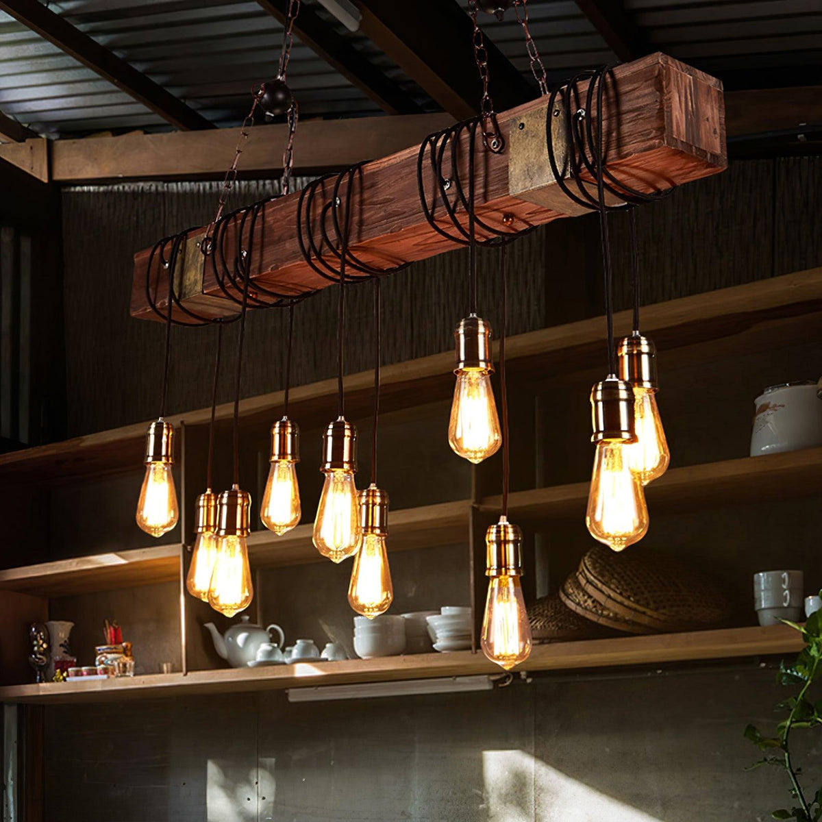 Wexb Kronleuchter Holzträger Edison-Glühbirne rustikaler Landhausstil