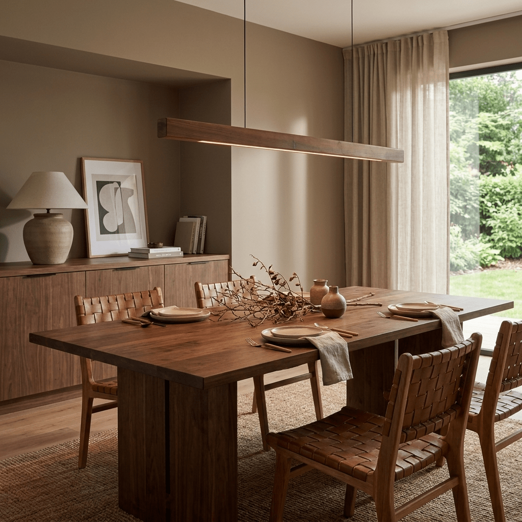 Lineare Pendelleuchte aus Holz in Holz mit integrierter LED