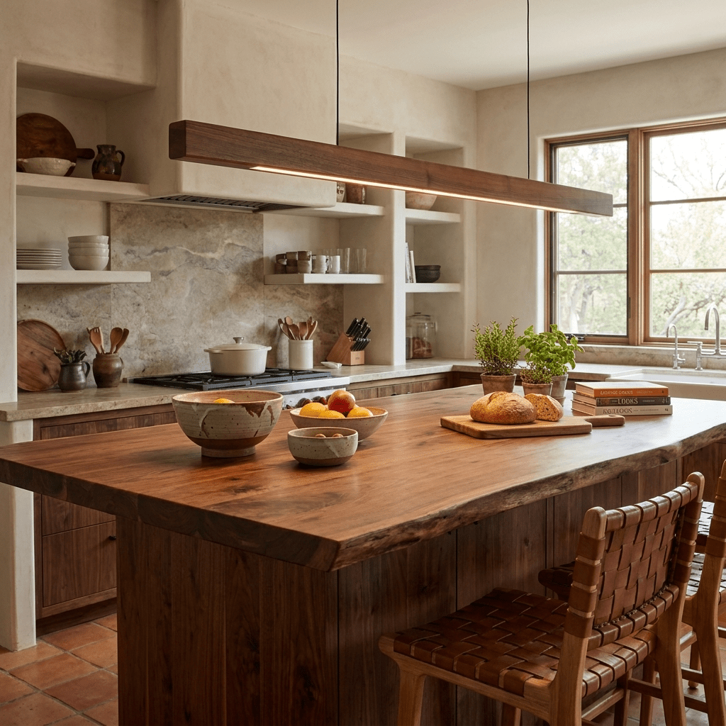 Lineare Pendelleuchte aus Holz in Holz mit integrierter LED
