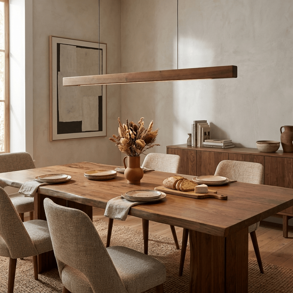 Lineare Pendelleuchte aus Holz in Holz mit integrierter LED