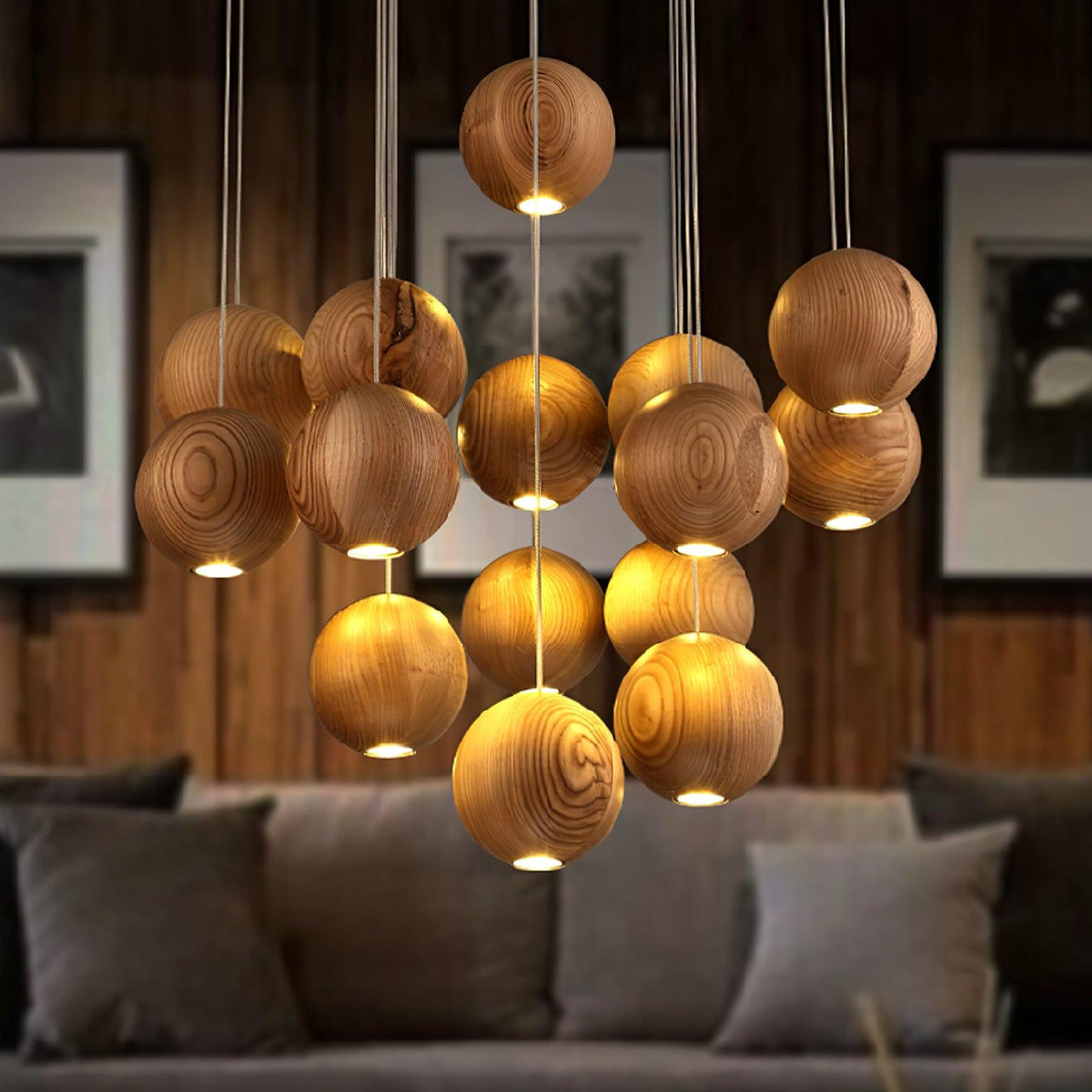 Vixor Pendelleuchte im nordischen Orb-Sphären-Cluster aus Holz