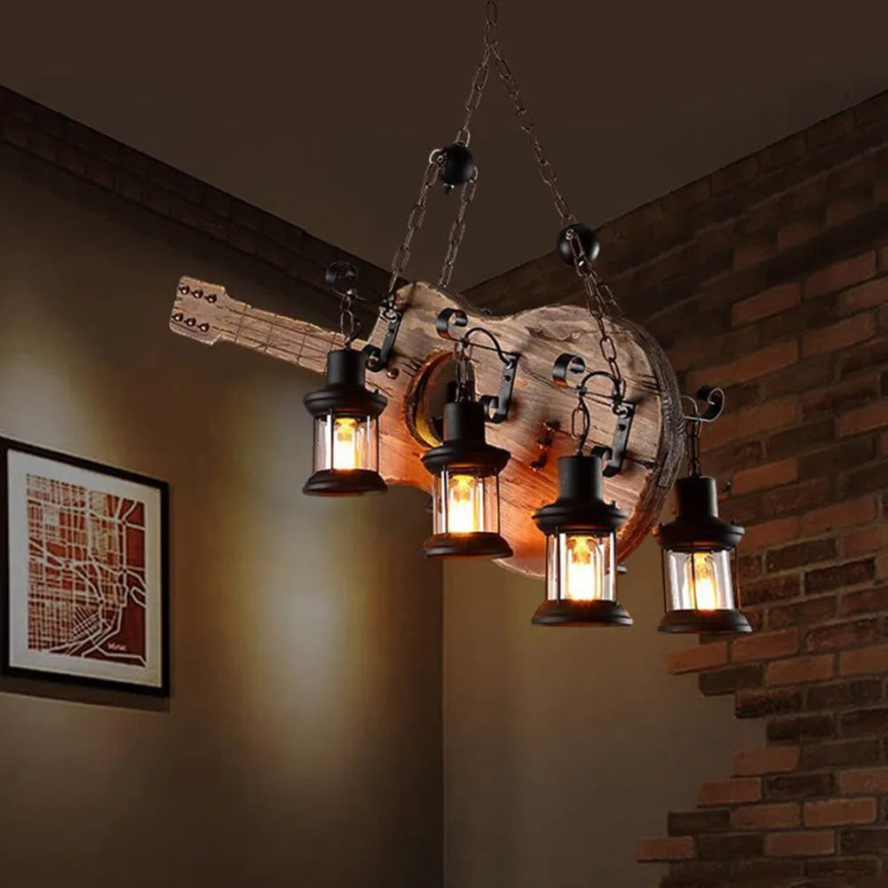 Epoch Vintage LED Pendelleuchte Guitar Käfig Wohnzimmer, Metall Holz